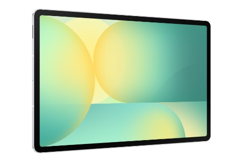 Samsung Galaxy Tab S10 FE+ tablet with 13.1-inch display, black bezel, colorful abstract wallpaper on screen.