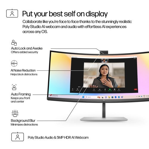 34-inch HP Series 7 Pro WQHD monitor with slim bezels, adjustable stand, and built-in webcam.