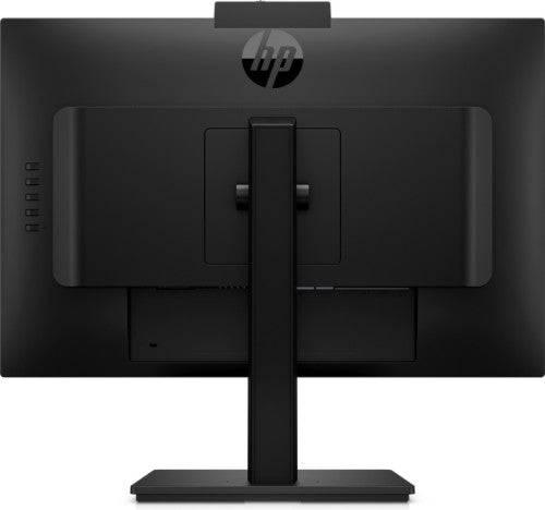 Black HP M24m monitor shown from the back with adjustable stand and built-in webcam on top.