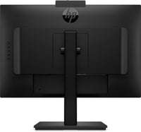 Black HP M24m monitor shown from the back with adjustable stand and built-in webcam on top.