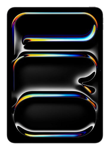 Apple iPad 11-inch Pro in Space Black with colorful curved light reflections on the screen.