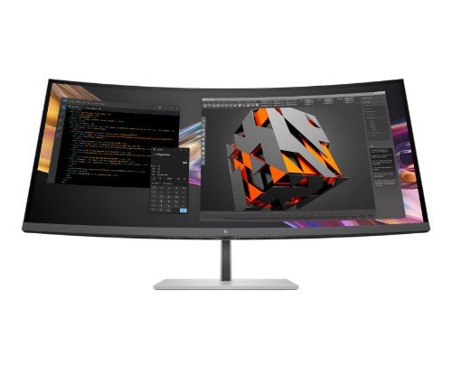 37.5-inch curved ultra-wide monitor with slim bezels, metallic stand, and vibrant multi-window display.