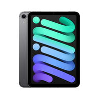 Grey Apple iPad Mini 7th Gen with 8.3-inch display and colorful abstract wallpaper.