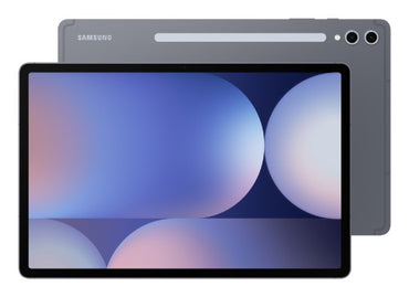 Samsung Galaxy Tab S10+ tablet with 12.4-inch display, dual rear cameras, and gray metal body.