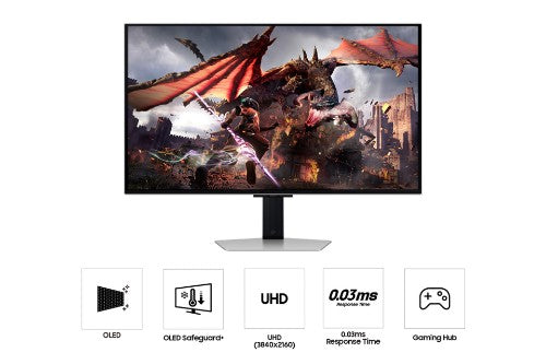 Samsung 32-inch Odyssey OLED gaming monitor with slim bezels, black stand, and colorful dragon battlefield display.
