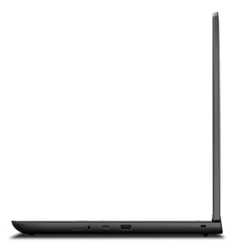 Black Lenovo ThinkPad P16v Gen 2 laptop open 90 degrees, side view showing slim profile and ports.