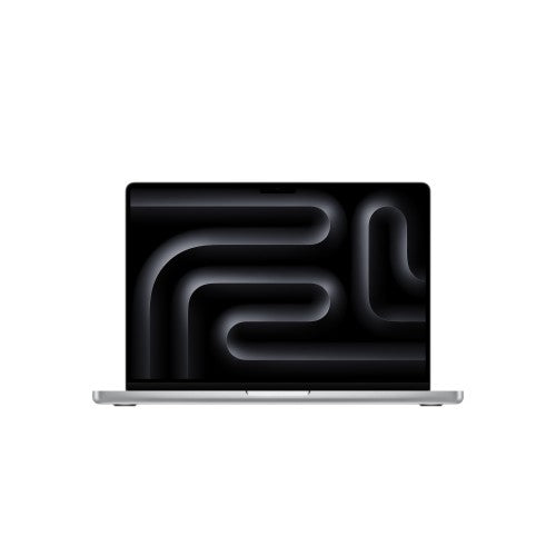 Silver 14-inch Apple MacBook Pro with black bezel and abstract dark wallpaper on screen.