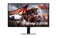 Samsung 32-inch Odyssey OLED G80SD gaming monitor with thin bezels and dragon fantasy scene on screen.
