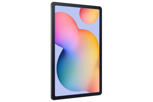 Black Samsung Galaxy Tab S6 Lite tablet with 10.4-inch display showing colorful abstract wallpaper.