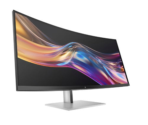 37.5-inch curved WQHD+ monitor with slim bezels and silver stand displaying colorful abstract waves.
