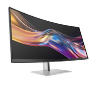 37.5-inch curved WQHD+ monitor with slim bezels and silver stand displaying colorful abstract waves.