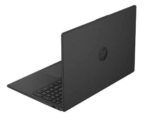 Black HP laptop partially open showing keyboard and back with HP logo on lid.
