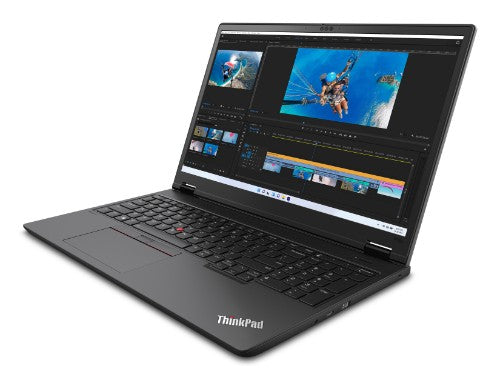 Black Lenovo ThinkPad P16v Gen 2 laptop with 16-inch display showing video editing software on screen.