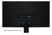 Back of black Samsung 27" curved monitor showing ports including headphone, HDMI, and PC IN.