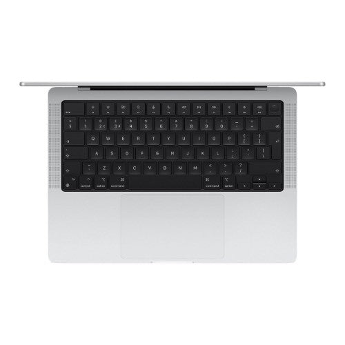Silver Apple MacBook Pro 14-inch with black keyboard and thin profile shown from top angle.