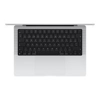 Silver Apple MacBook Pro 14-inch with black keyboard and thin profile shown from top angle.