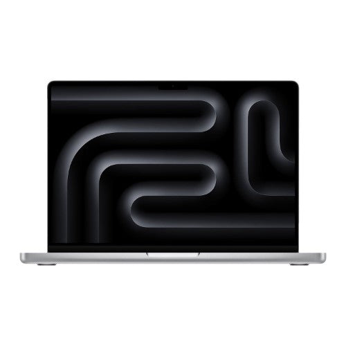 Apple MacBook Pro 14-inch in silver with black abstract wallpaper on screen, front view, open laptop.