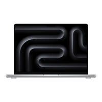 Apple MacBook Pro 14-inch in silver with black abstract wallpaper on screen, front view, open laptop.