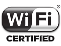 Wi-Fi Certified black and white logo with rounded edges and bold text.