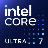 Intel Core Ultra 7 processor logo in white text on a blue gradient background with pixel accents.