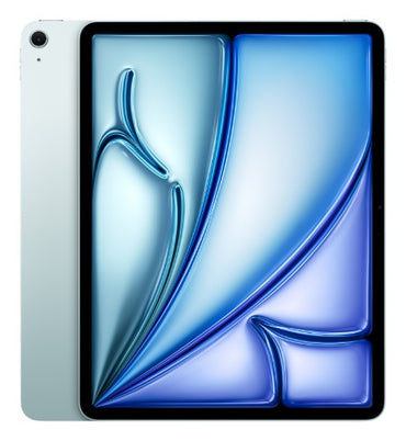 Blue Apple iPad Air 13-inch with slim bezels, single rear camera, and Wi-Fi connectivity.