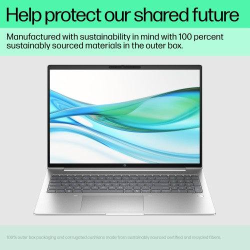 Silver HP ProBook 440 G11 laptop open with 14-inch WUXGA screen showing abstract blue and green waves background.