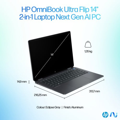 HP OmniBook Ultra Flip 14-fh0006na Copilot+ PC Intel Core Ultra 7 256V Hybrid (2-in-1) 35.6 cm (14") Touchscreen 3K 16 GB LPDDR5x-SDRAM 1 TB SSD Wi-Fi 7 (802.11be) Windows 11 Home Grey