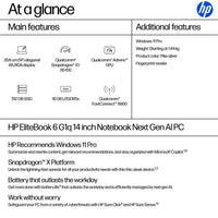HP EliteBook 6 G1q Next Gen AI PC Copilot+ PC Qualcomm Snapdragon X1-26-100 Laptop 35.6 cm (14") WUXGA 16 GB LPDDR5x-SDRAM 512 GB SSD Wi-Fi 6E (802.11ax) Windows 11 Pro Silver