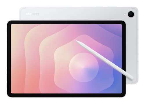 Samsung Galaxy Tab S11 11-inch tablet in white with slim bezels and white stylus on screen front and back view.