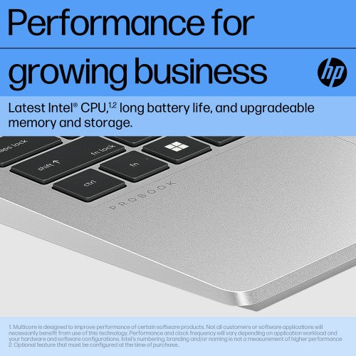 Silver HP ProBook 440 G10 laptop corner showing keyboard and "Performance for growing business" text banner.