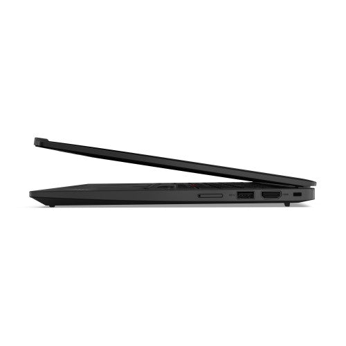 Black Lenovo ThinkPad X13 Gen 5 laptop partially open showing left side ports.
