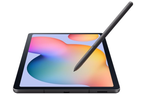 Samsung Galaxy Tab S6 Lite 2024 with 10.4-inch display and black stylus pen on screen.