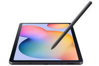 Samsung Galaxy Tab S6 Lite 2024 with 10.4-inch display and black stylus pen on screen.
