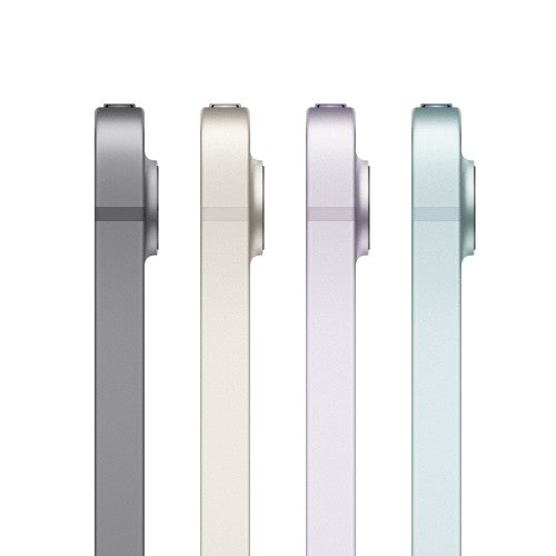 Five side profiles of Apple iPad mini 7th gen in grey, starlight, purple, and blue colors with slim design and camera bump.