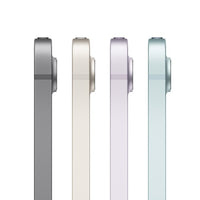 Five side profiles of Apple iPad mini 7th gen in grey, starlight, purple, and blue colors with slim design and camera bump.