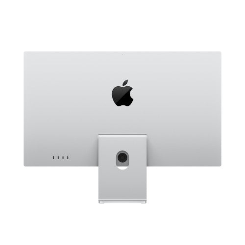 Silver Apple Studio Display monitor back with centered stand and Apple logo above.