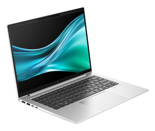 Silver HP EliteBook G11 laptop with 14-inch touchscreen displaying blue and green wave wallpaper, black keyboard, and large.