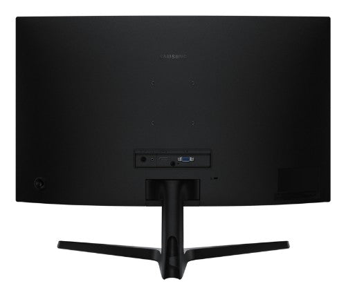 Samsung 27-inch curved monitor in black, rear view showing connectivity ports and stand.