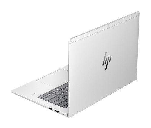Silver HP EliteBook 640 G11 laptop partially open showing keyboard and ports on left side.