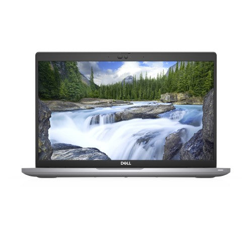 Grey Dell Latitude 5420 laptop with 14-inch screen showing waterfall and forest wallpaper.