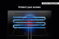 Samsung 32" Odyssey OLED G80SD gaming monitor with blue dynamic cooling system graphic on screen.