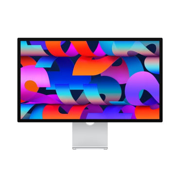 27-inch Apple Studio Display with silver aluminum stand and vibrant colorful abstract wallpaper on screen.