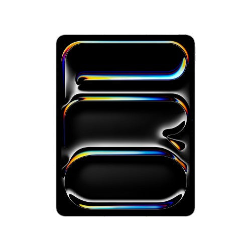 Silver 13-inch Apple iPad Pro with black screen displaying colorful abstract light lines.