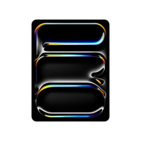 Silver 13-inch Apple iPad Pro with black screen displaying colorful abstract light lines.