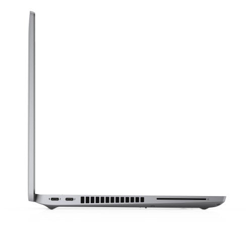 Slim grey Dell Latitude 5420 laptop open at 90 degrees showing left-side ports and vents.