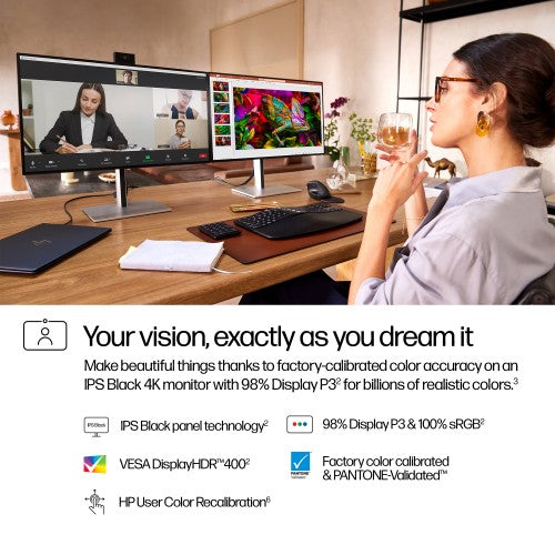 27-inch HP Series 7 Pro 4K monitor showing video conference and vibrant colors on side screen.