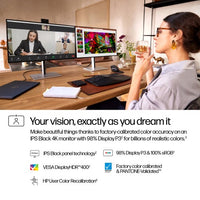 27-inch HP Series 7 Pro 4K monitor showing video conference and vibrant colors on side screen.