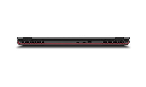 Black Lenovo ThinkPad P16v laptop closed showing rear vent and ports with red accents.