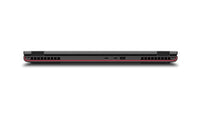 Black Lenovo ThinkPad P16v laptop closed showing rear vent and ports with red accents.