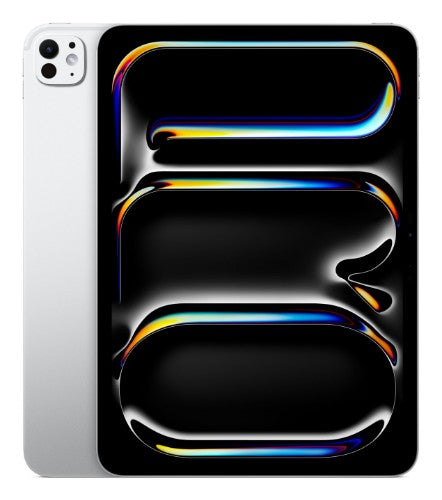 Silver Apple iPad 11-inch Pro with slim bezels and vibrant abstract display.